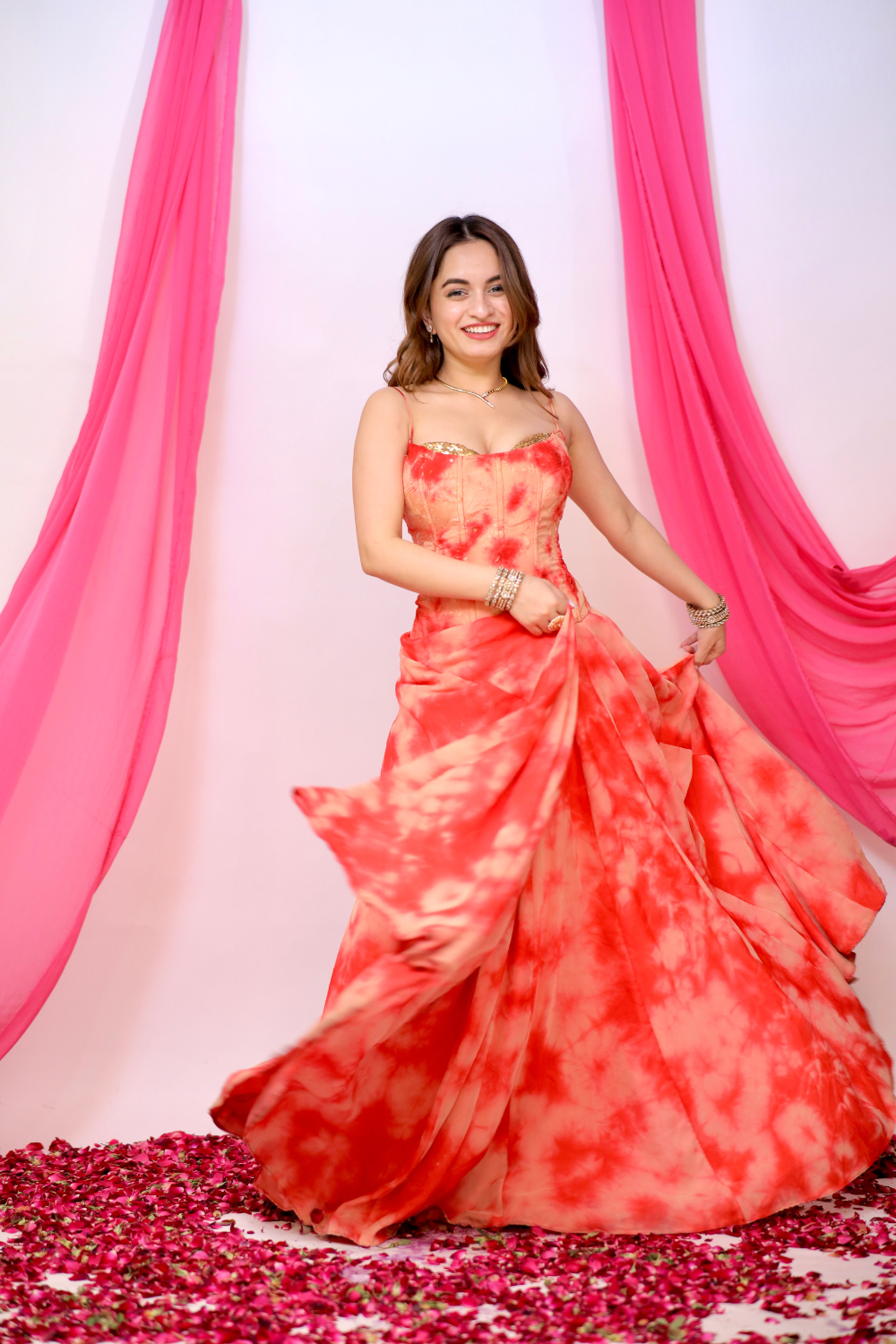 Sia Tye-Dye Corset Lehnga Set - Beige and Red
