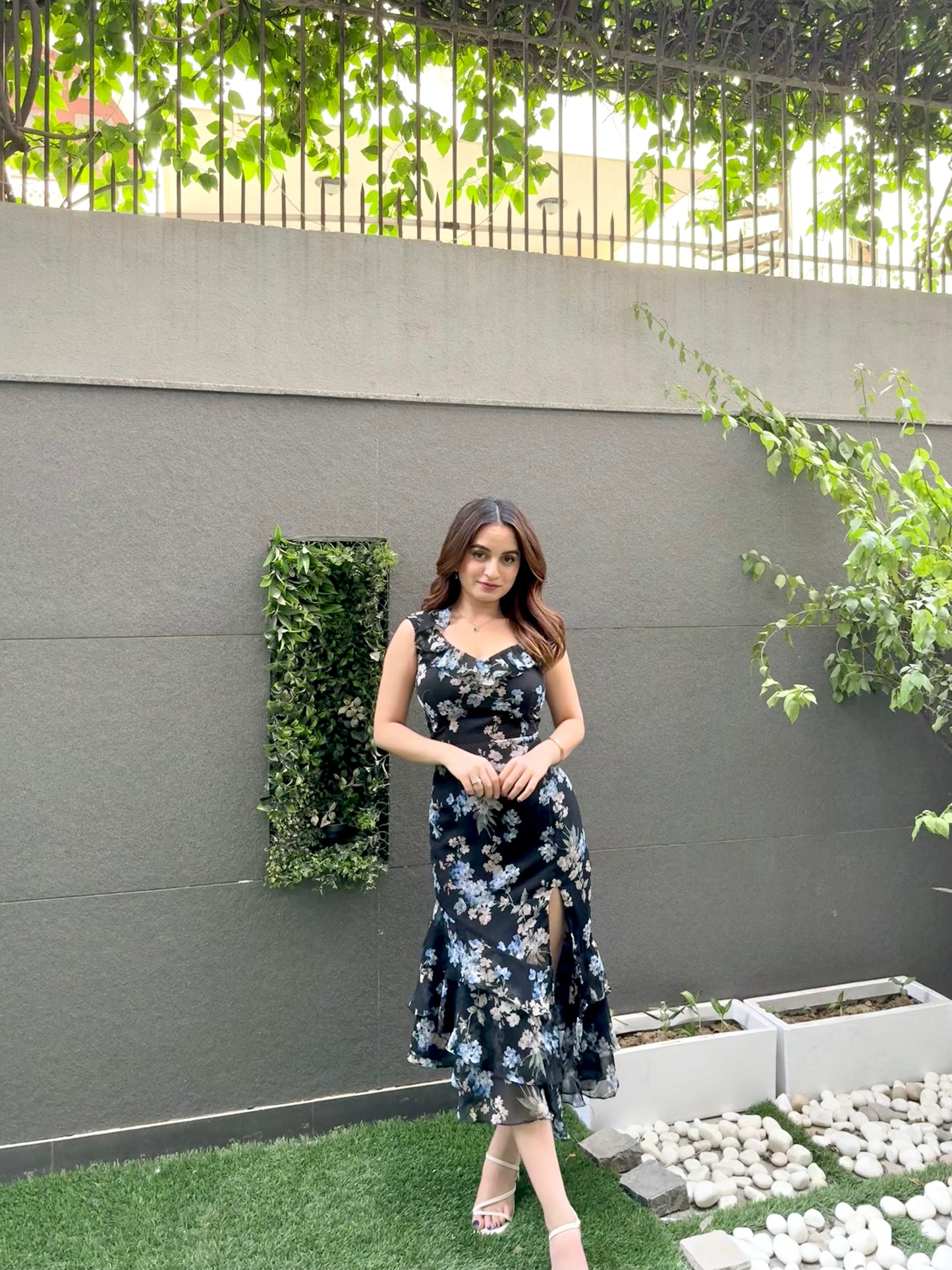 lacy black printed midi dress