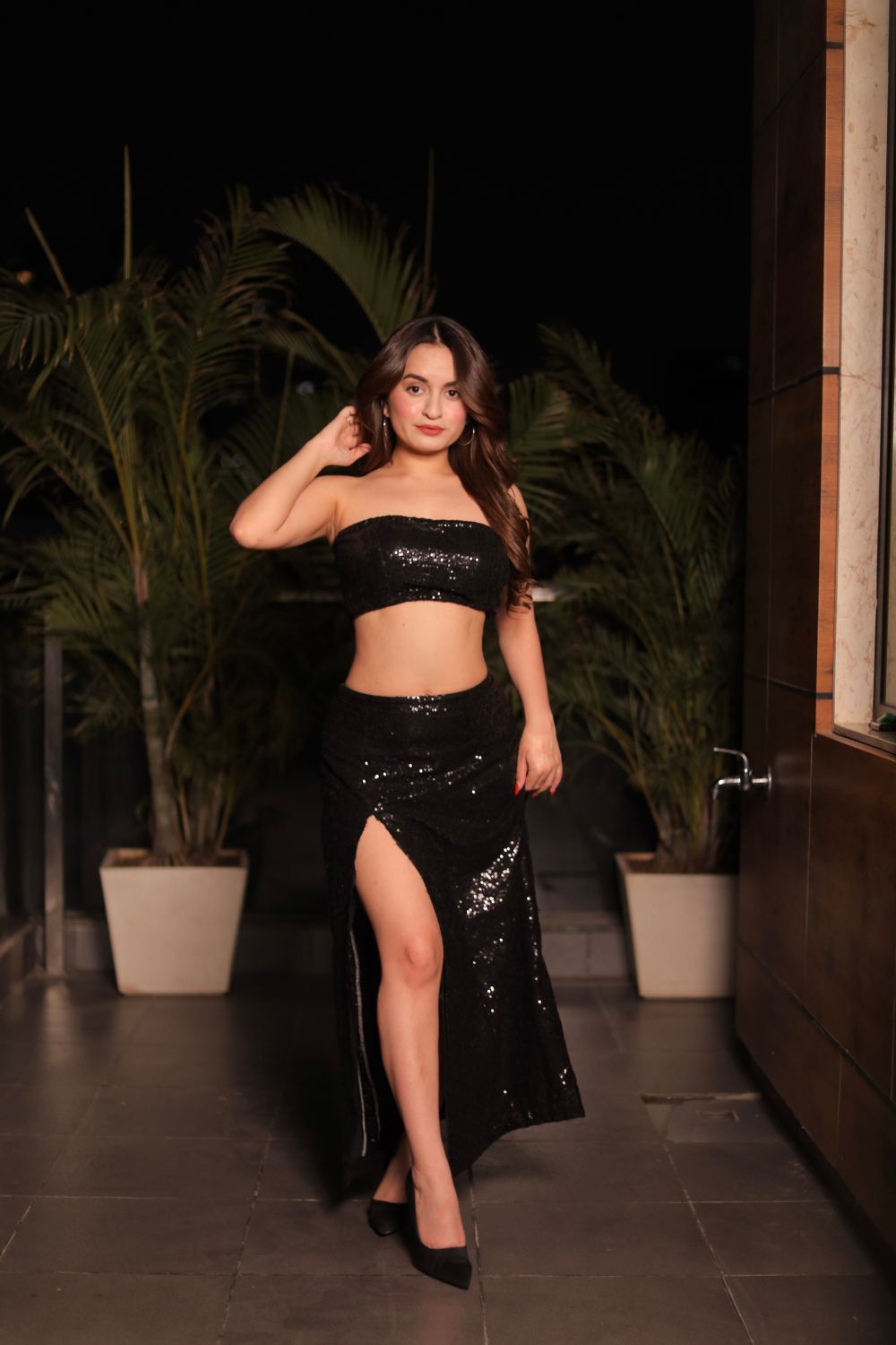 Victoria Black sequins co-ord set with satin lining and slit skirt, featuring shimmering black sequins and stylish design by Imagine By Shiwali.