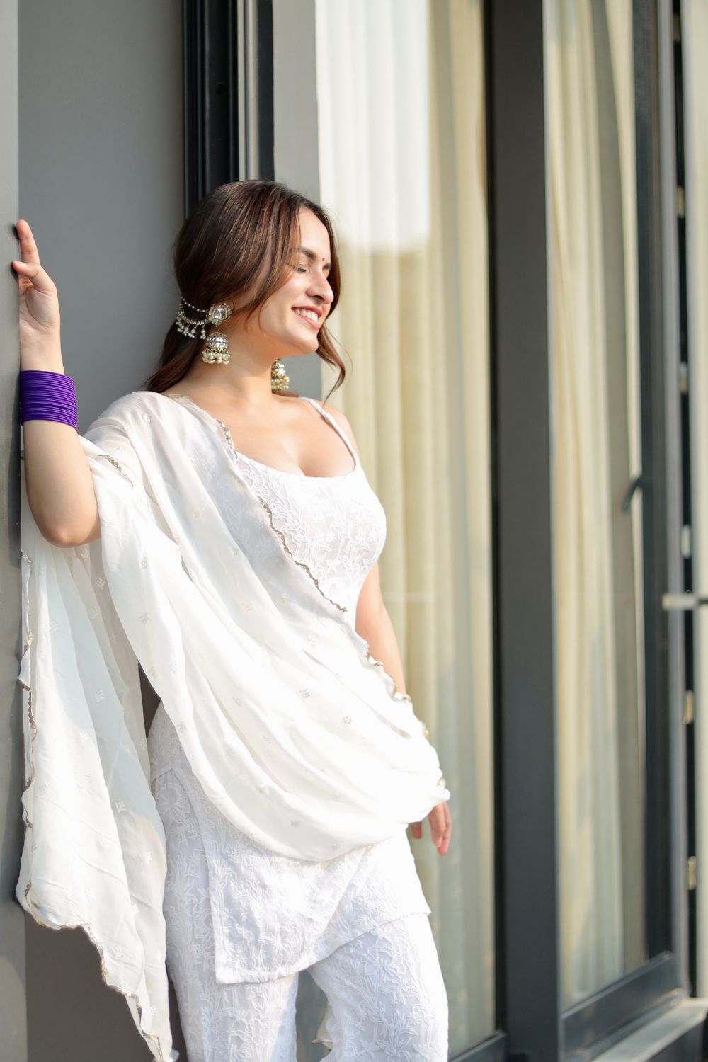 White Laila Chikankari Sharara Suit by Imagine By Shiwali, featuring intricate embroidery and traditional Indian design.