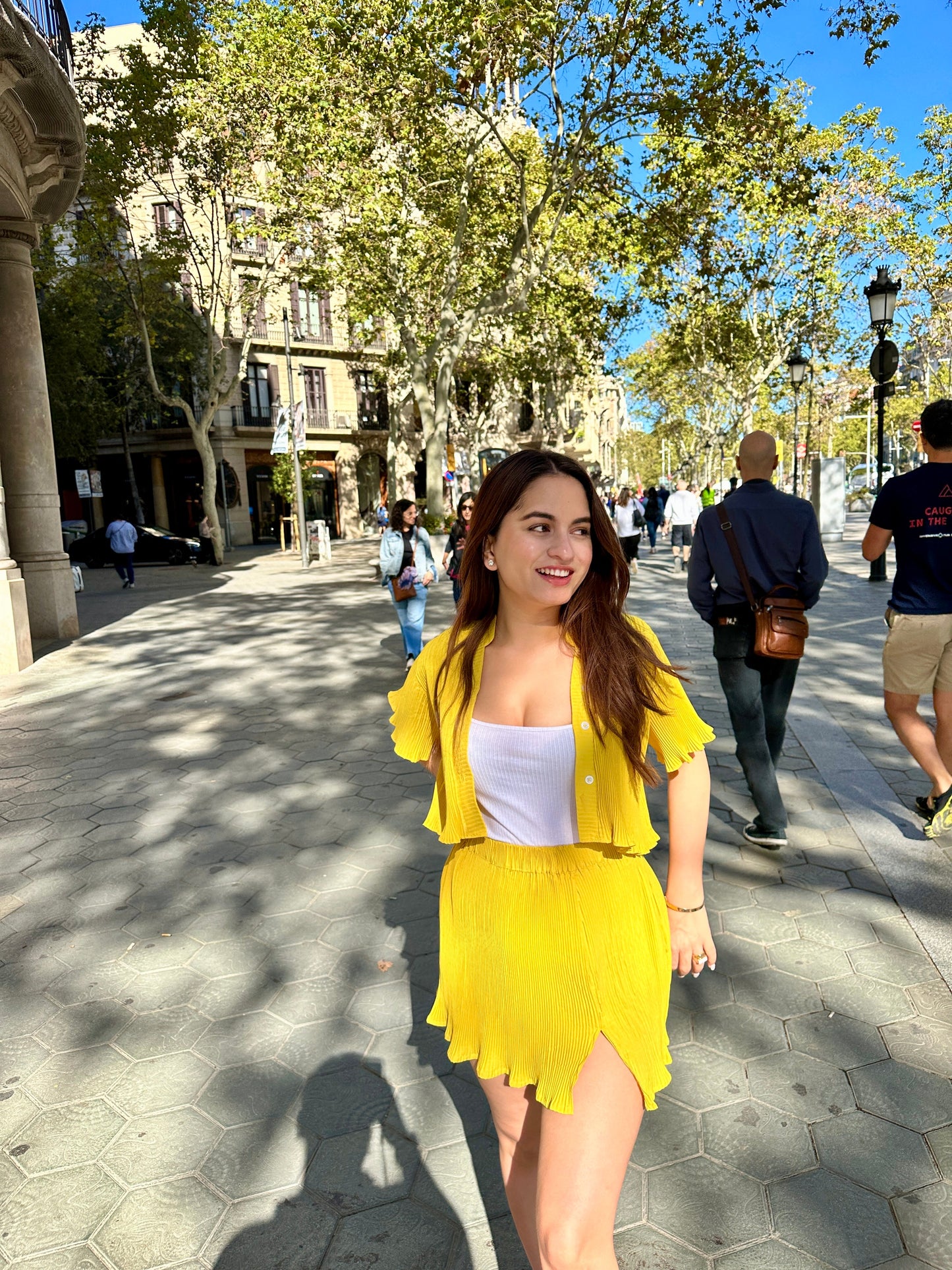 Crinkled yellow co-ord set by Imagine By Shiwali, featuring a matching top and pants with a textured, crinkled fabric.