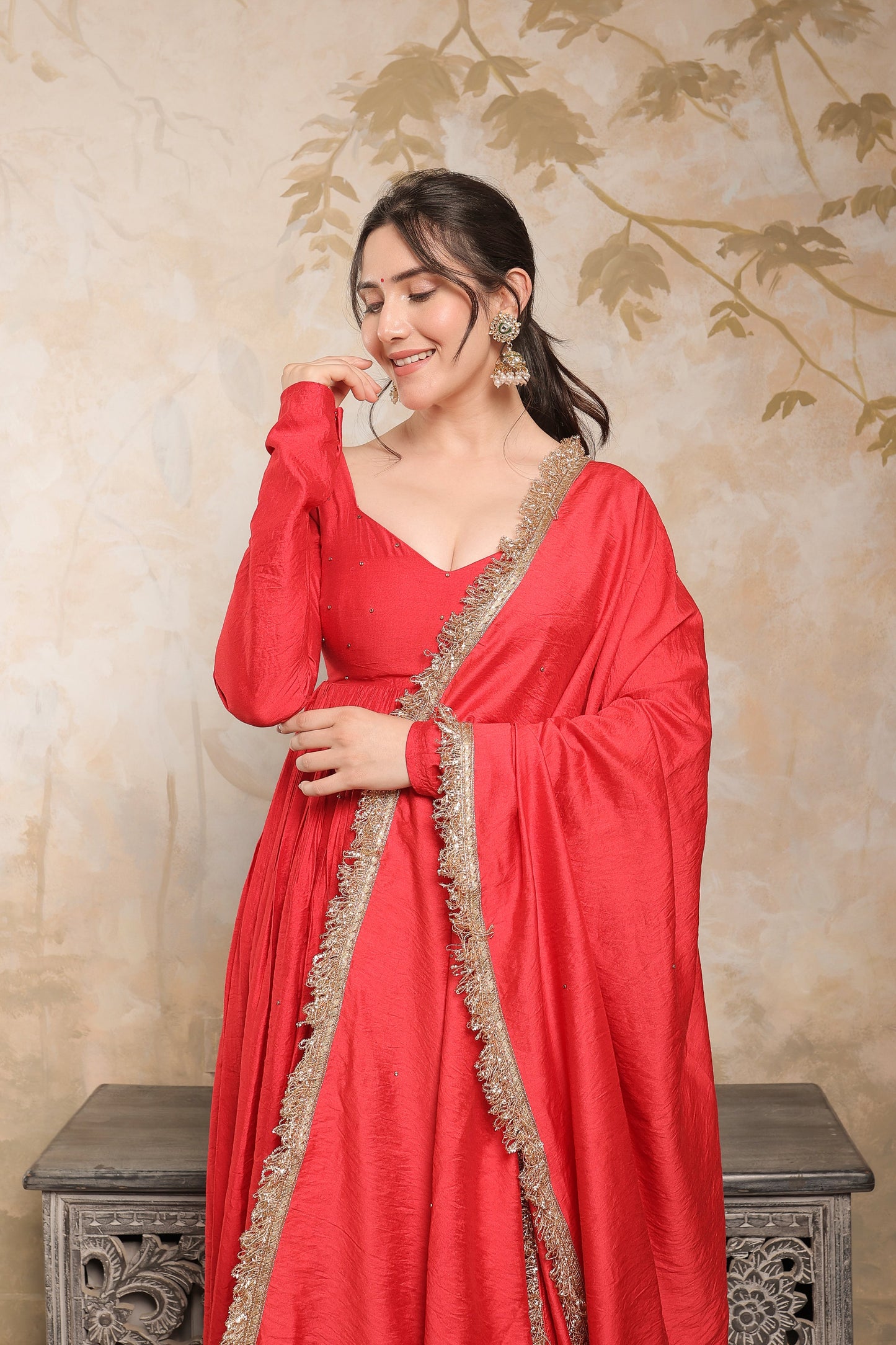 Laila red Chanderi Anarkali dress by Imagine By Shiwali, featuring traditional embroidery and flowing silhouette.