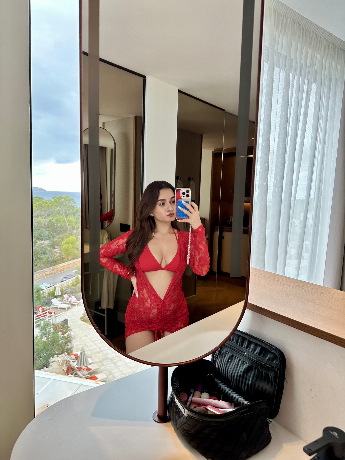 Red Rad bikini cover-up by Imagine By Shiwali paired with matching bikini, featuring lightweight, stylish fabric and relaxed fit.