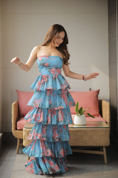 Blue tiered ruffle tube gown by Imagine By Shiwali, featuring layered fabric and elegant ruffle details, showcased on a model.