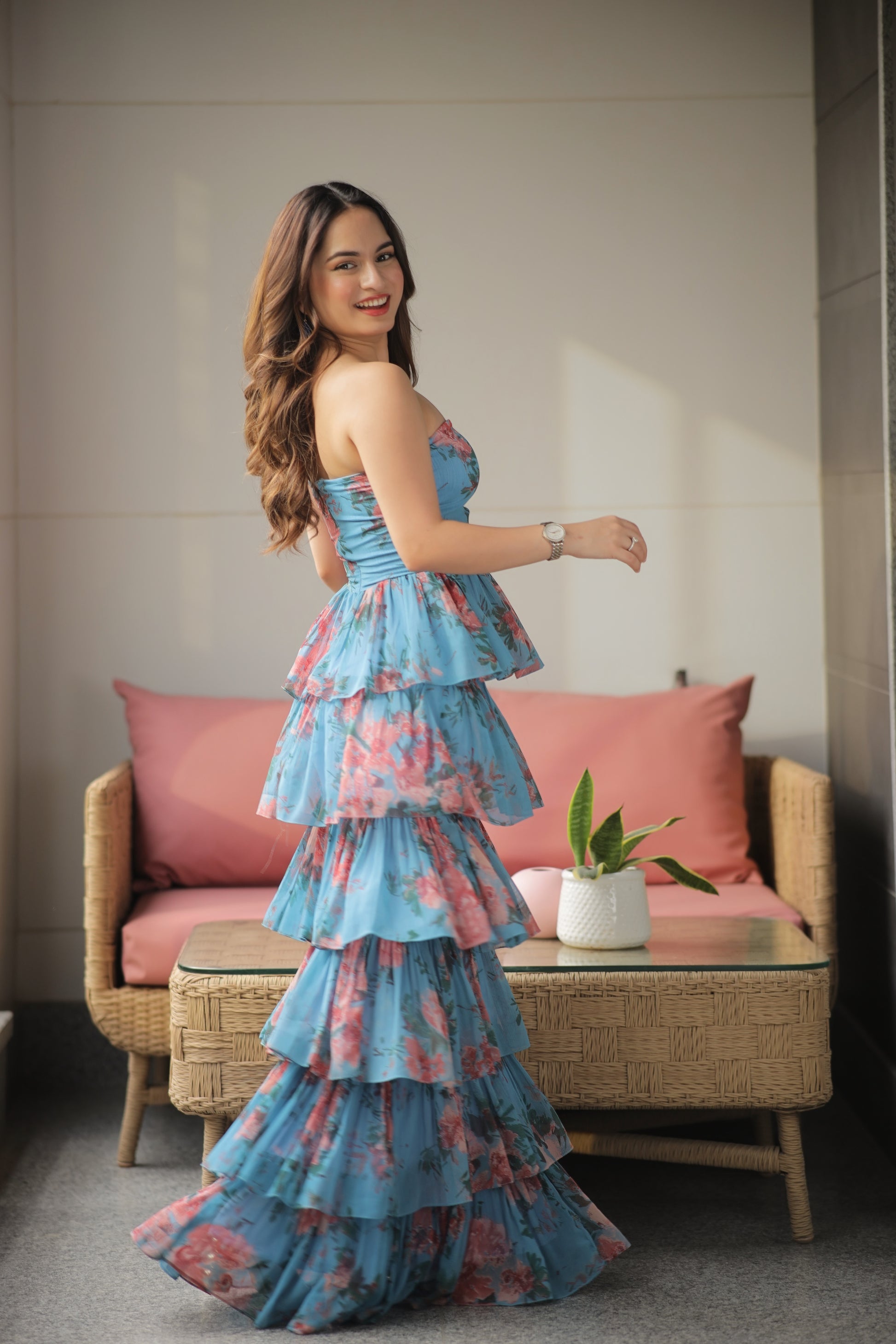 Imagine by Shiwali Sophia blue tiered ruffle tube gown featuring layered ruffles and a fitted tube top design.