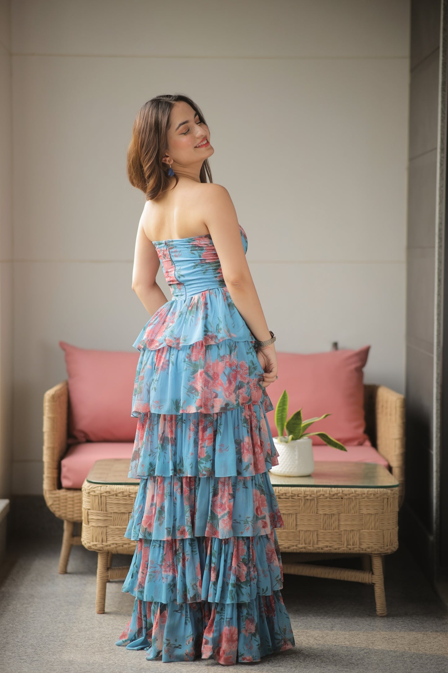 Blue tiered ruffle tube gown by Imagine By Shiwali featuring a flowy, layered design and elegant ruffle details.