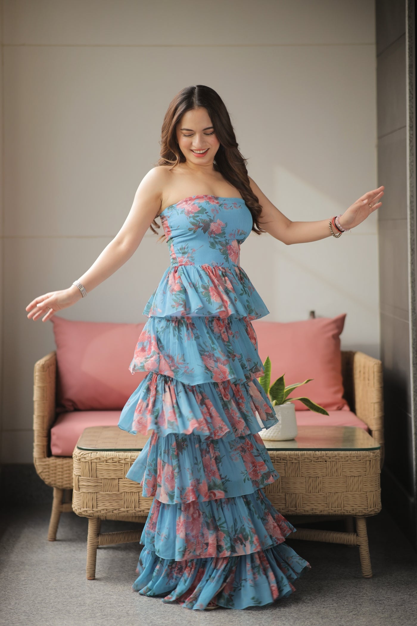 About Sophia blue tiered ruffle tube gown