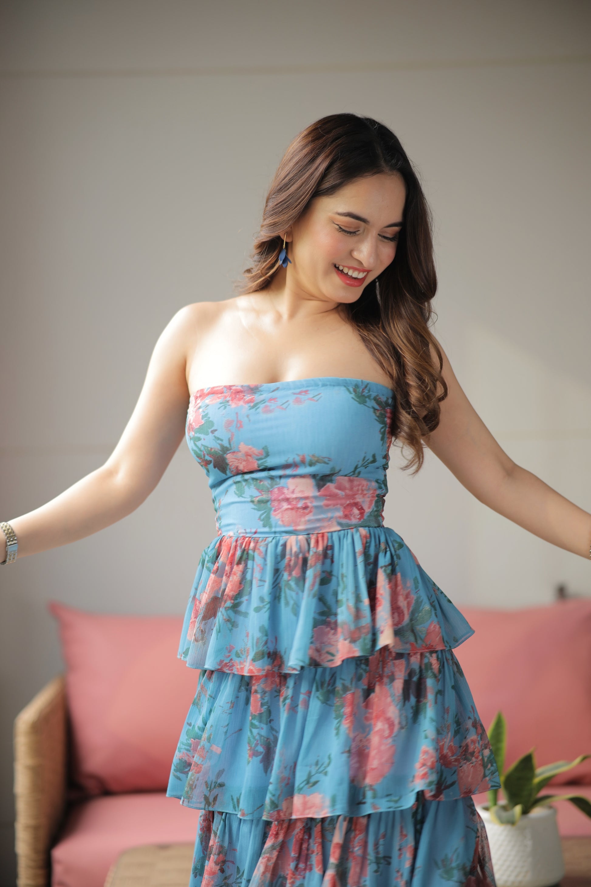 Blue tiered ruffle tube gown by Imagine By Shiwali featuring flowing fabric and layered ruffle details.