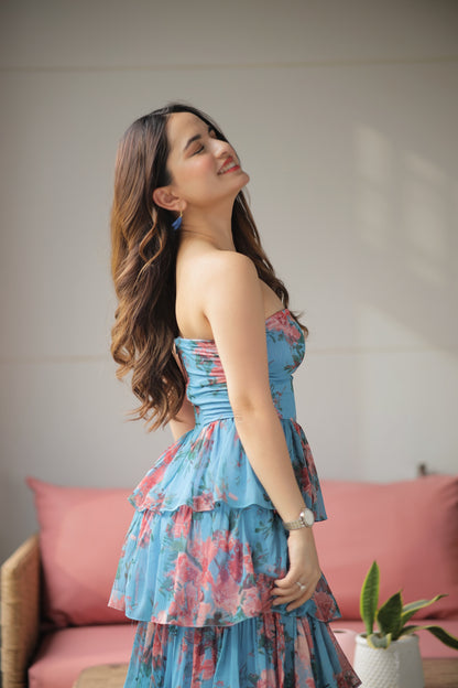 Sophia blue tiered ruffle tube gown by Imagine By Shiwali, featuring layered ruffles and a fitted strapless design.