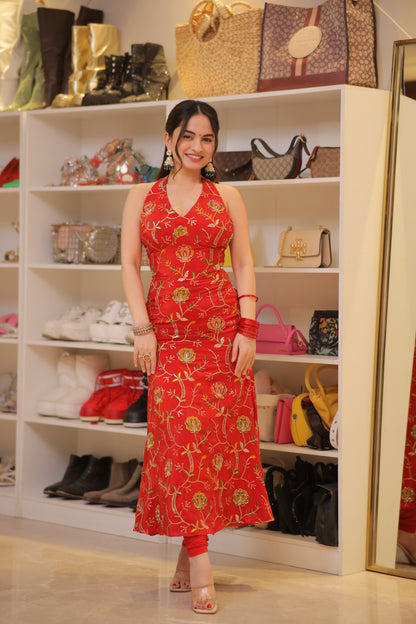 Red Manirika suit from Imagine By Shiwali featuring intricate embroidery and a tailored fit, displayed on a mannequin.