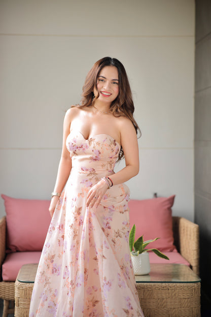 Imagine By Shiwali Rachel blush printed tube gown with floral pattern, fitted bodice, and flowing skirt, shown on a model.