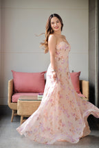 Rachel blush printed tube gown by Imagine By Shiwali featuring a fitted silhouette and elegant floral print.