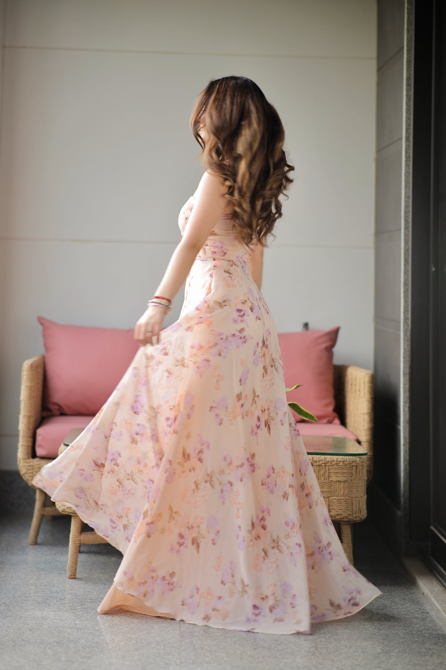 Rachel blush printed tube gown by Imagine By Shiwali, featuring a fitted silhouette with floral print and elegant design.