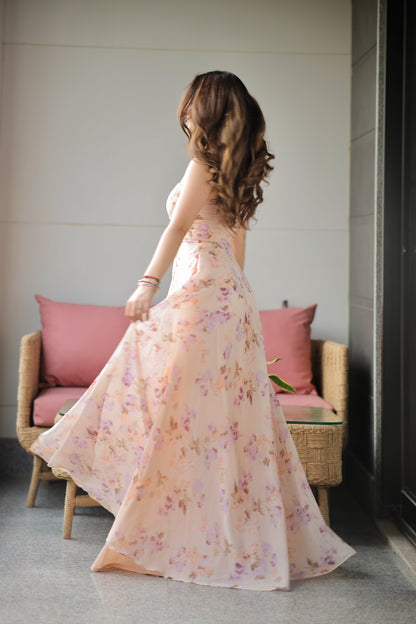 Rachel blush printed tube gown by Imagine By Shiwali, featuring a fitted silhouette with floral print and elegant design.