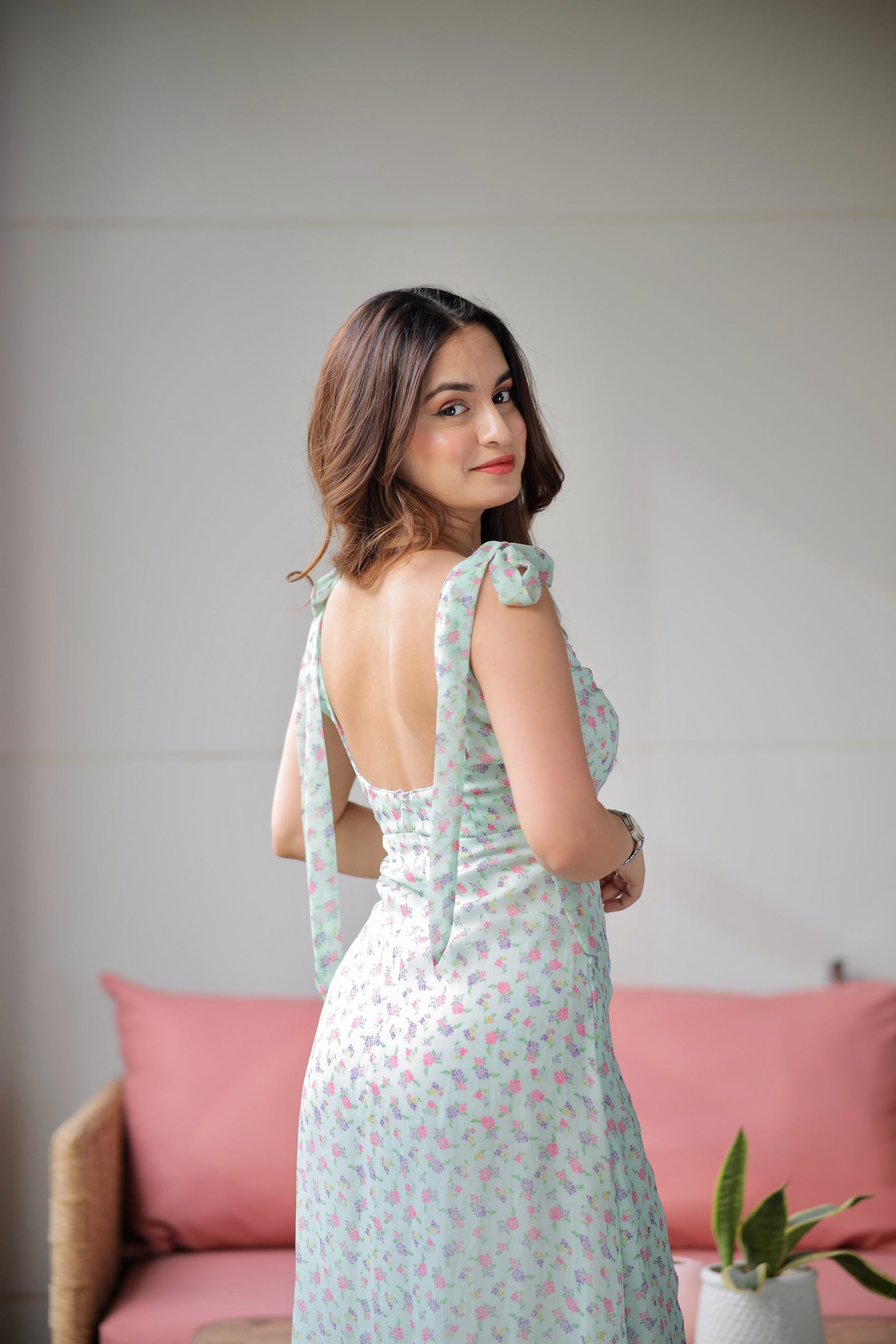 Elegant mint floral gown by Imagine By Shiwali featuring a flowing design and intricate floral patterns.