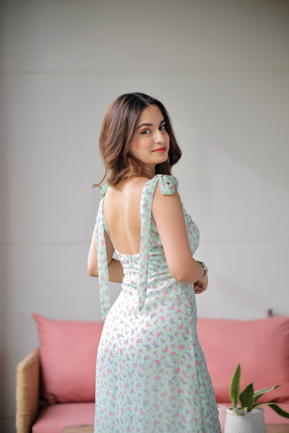 Elegant mint floral gown by Imagine By Shiwali featuring a flowing design and intricate floral patterns.