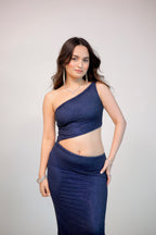 Navy blue Sally skirt set by Imagine By Shiwali featuring a stylish top and matching skirt, modeled on a person with natural lighting.