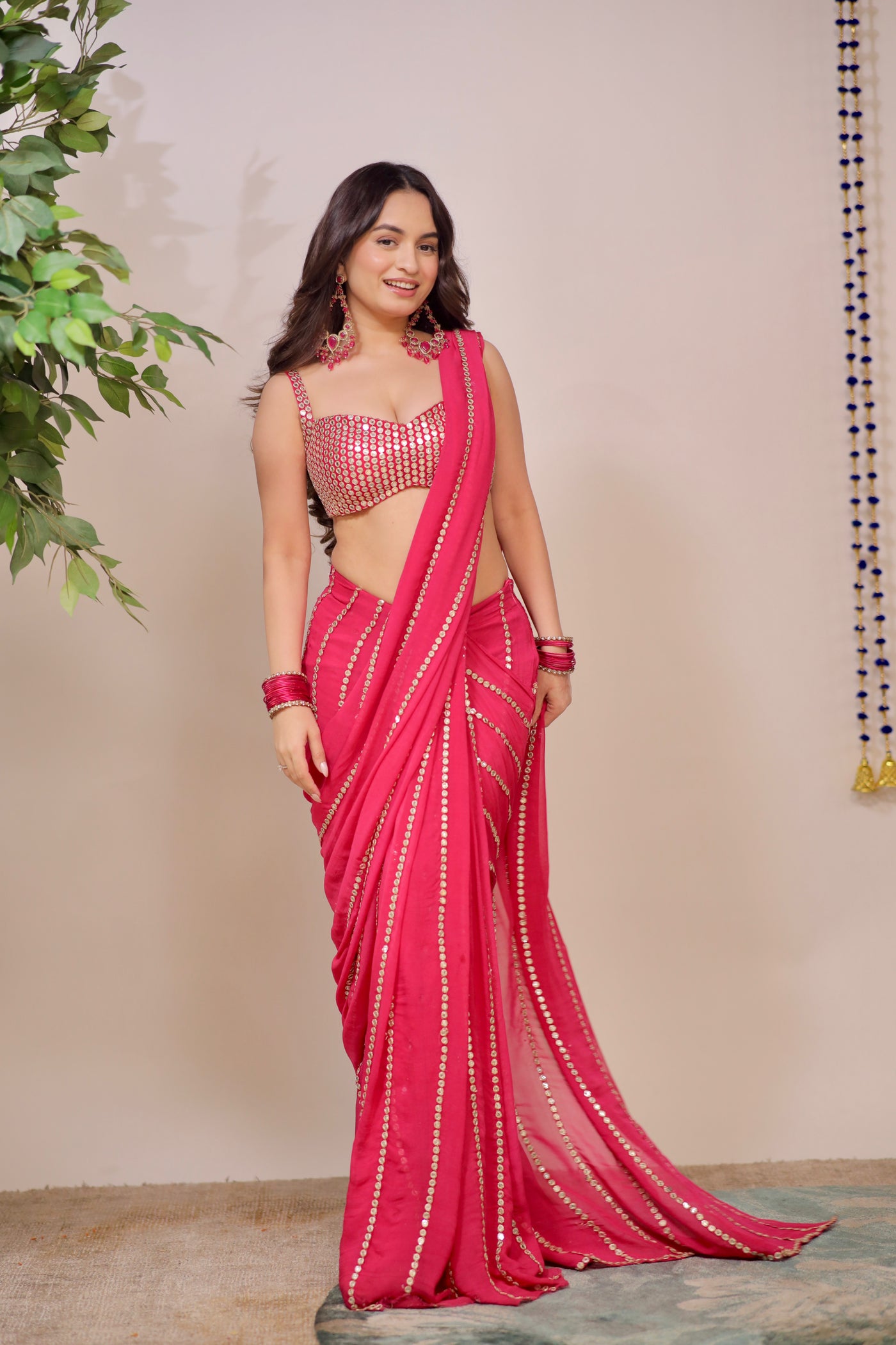 About Shreya Pink Pre Dreape Saree