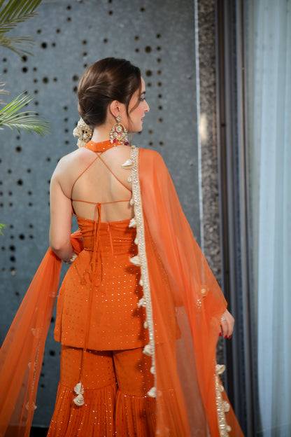 Elegant rust-colored Ananya Sharara Suit by Imagine By Shiwali, featuring intricate embroidery and flowing fabric.