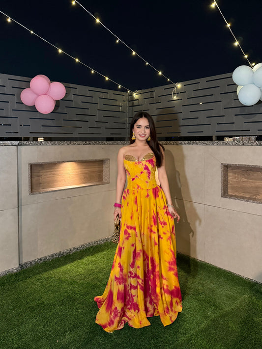 Sia Tie-Dye Corset Lehenga - yellow and pink