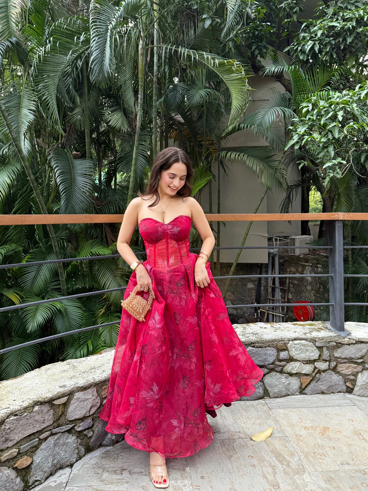 About Rose crimson bloom organza gown