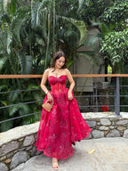 Crimson rose bloom organza gown by Imagine By Shiwali featuring flowing fabric and elegant design for special occasions.