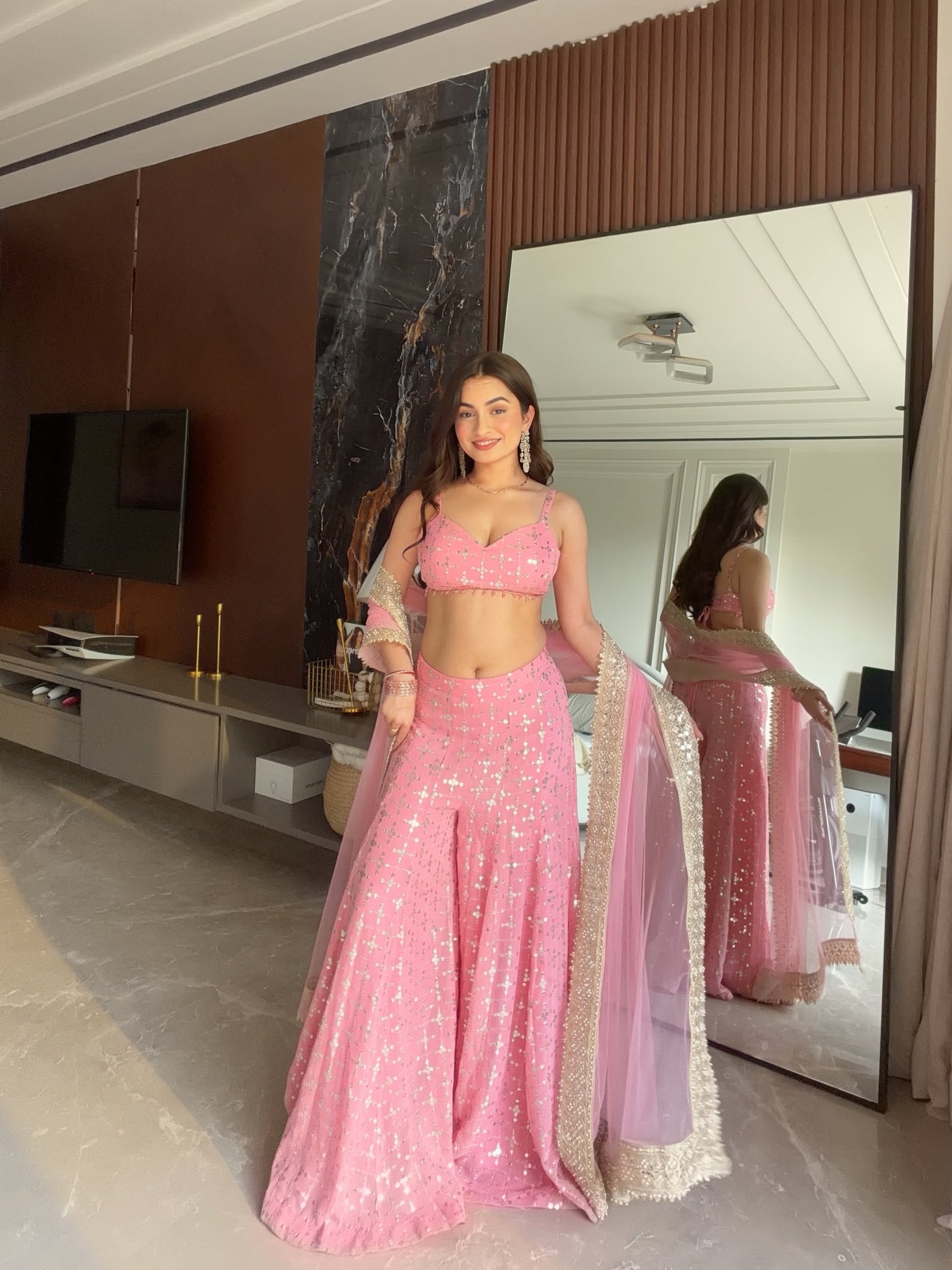 About Mahira Pink Sequin Sharara Set