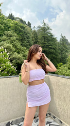Lilac Jo crop top and mini skirt set by Imagine By Shiwali, featuring a stylish, coordinated two-piece outfit with a fitted crop top and mini skirt.