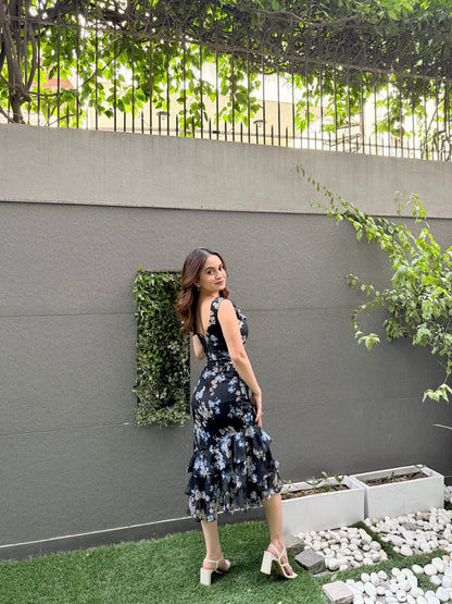 lacy black printed midi dress