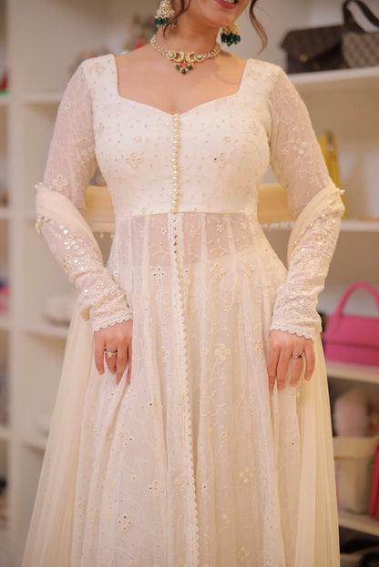 Kyra White Anarkali with Pants