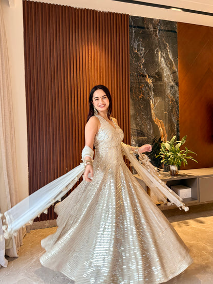 Tara Champagne Ivory Hand-Embellished Anarkali