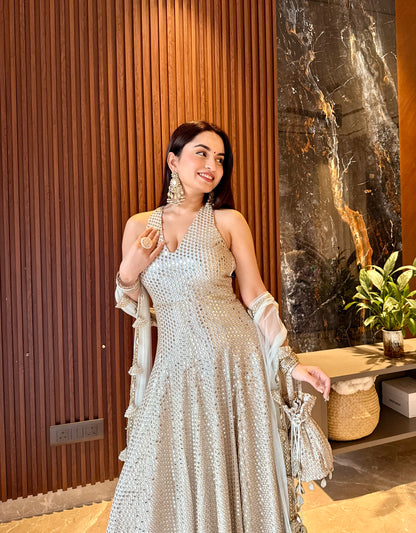Tara Champagne Ivory Hand-Embellished Anarkali