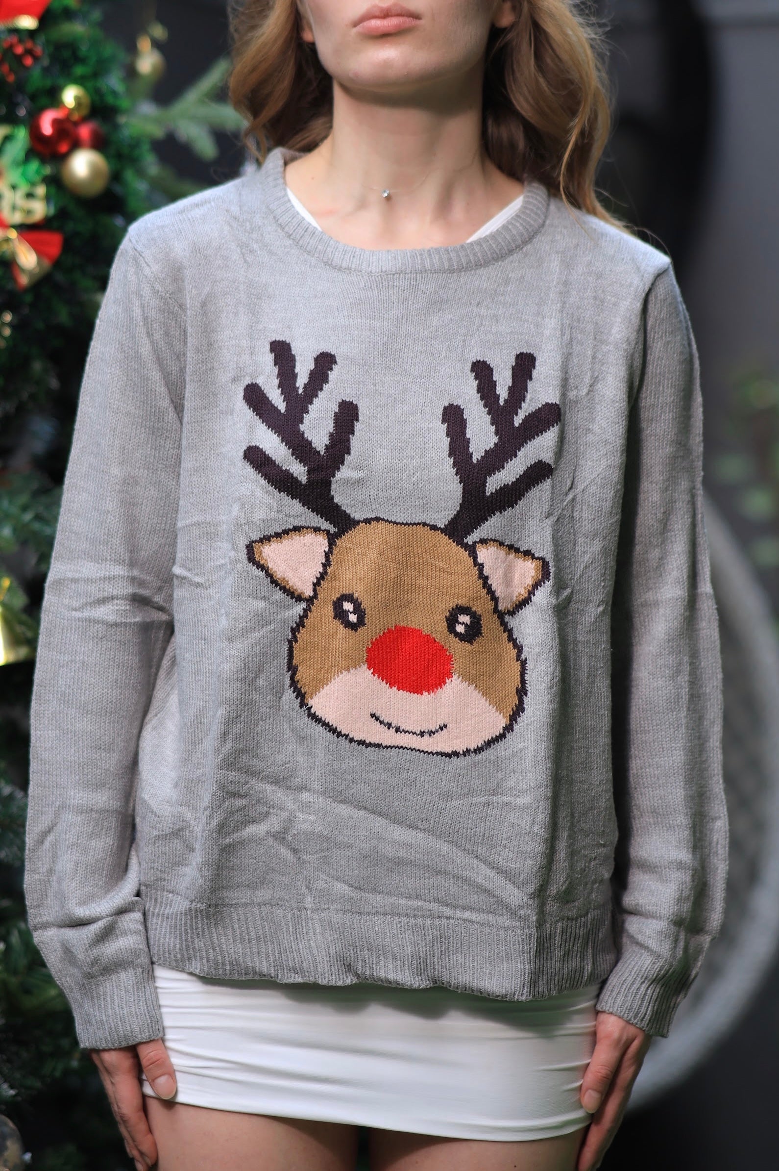 Imagine by Shiwali oversized deer sweater featuring a cozy knit design with a relaxed fit and festive deer motif.