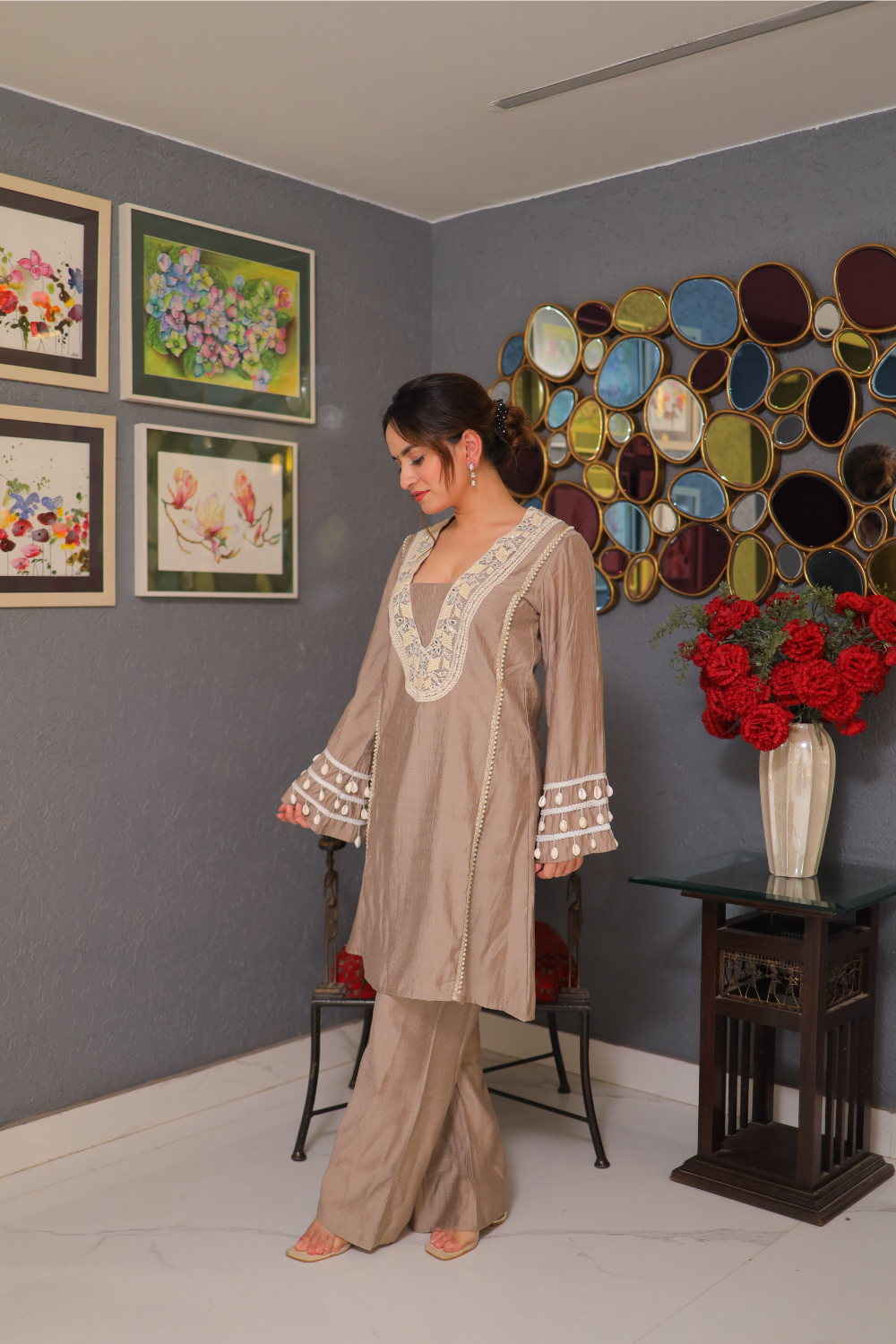 Imagine By Shiwali Alina grey co-ord set featuring a matching top and pants, styled with a comfortable, casual fit.