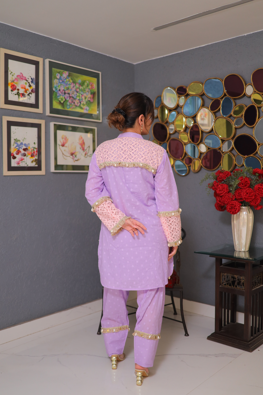 Imagine By Shiwali Ragini purple co-ord set featuring a matching top and pants with a stylish, coordinated fabric design.