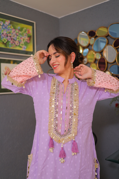 Purple Ragini co-ord set by Imagine By Shiwali featuring a stylish top and matching pants on a model.