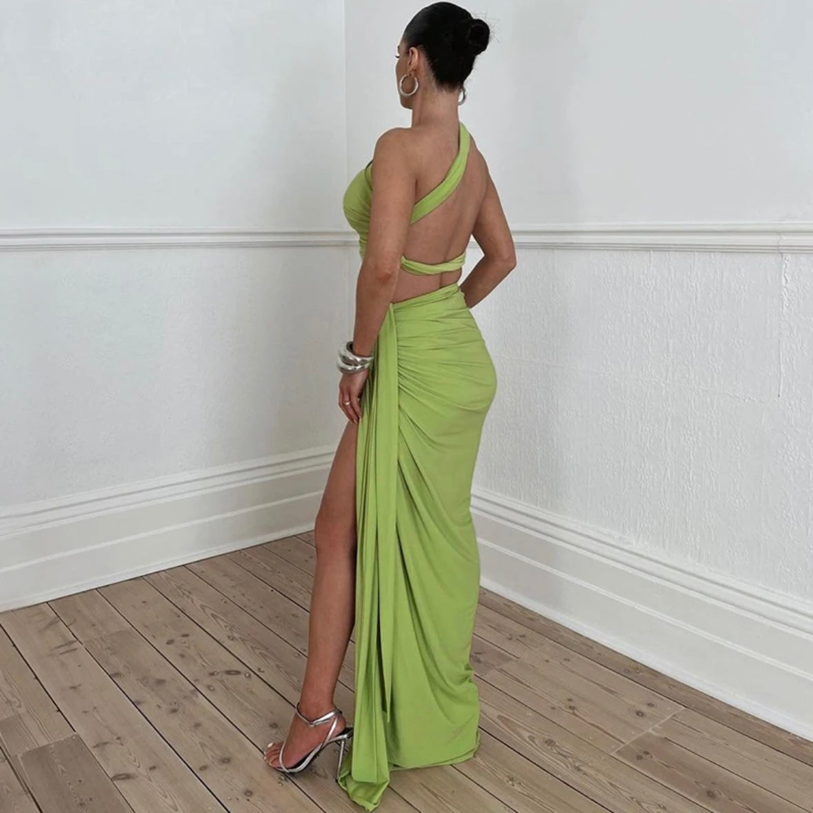 Olive green Rushed Tank Crop Top and Slit Skirt by Imagine By Shiwali, featuring stylish design and comfortable fit.