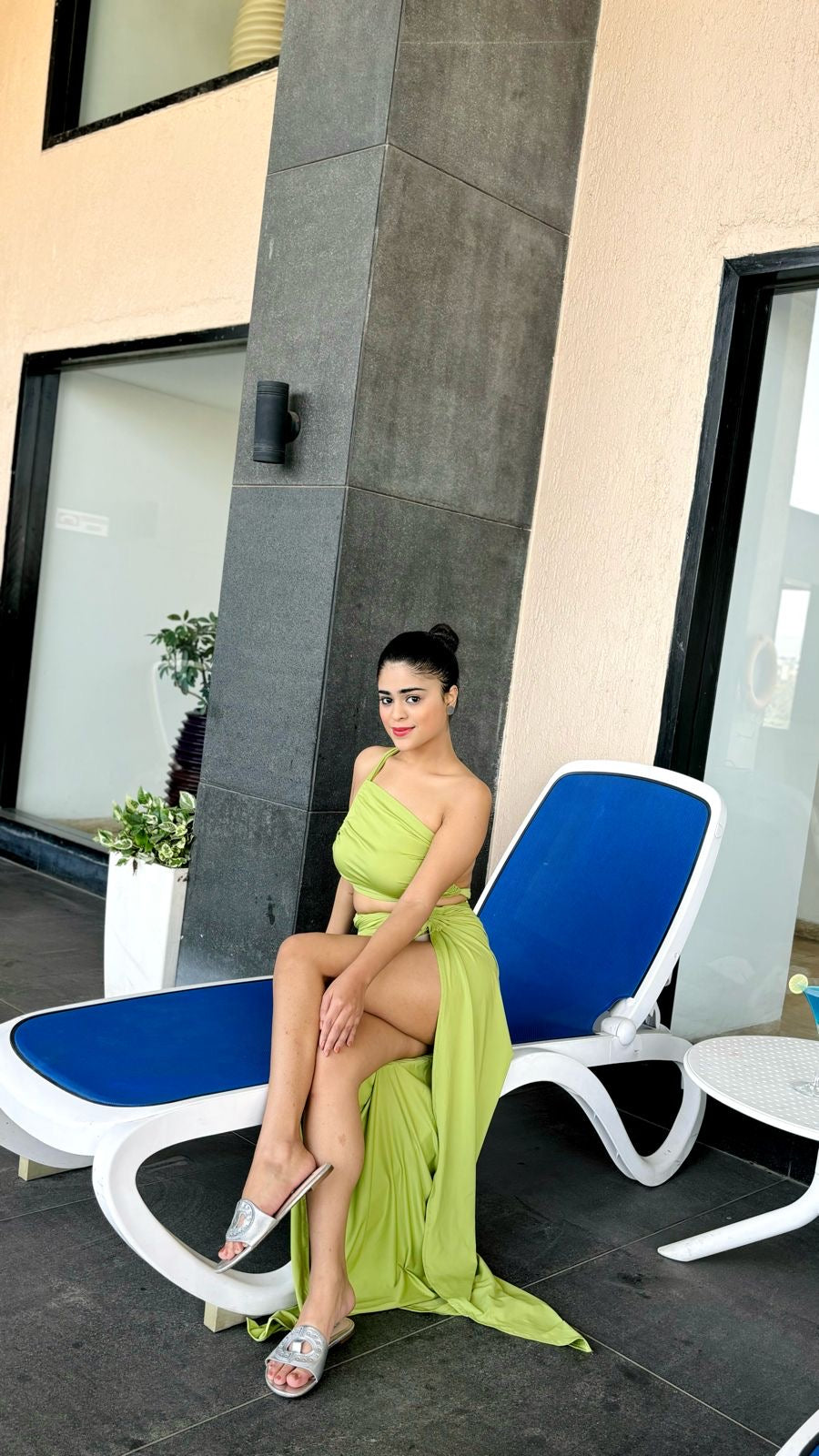 Olive green Rushed Tank Crop Top and Slit Skirt by Imagine By Shiwali, featuring a stylish casual outfit with ruffled details.