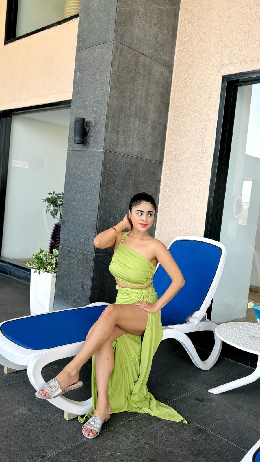 Olive green rushed tank crop top and slit skirt from Imagine by Shiwali, casual stylish outfit, front view showing fit and fabric details.