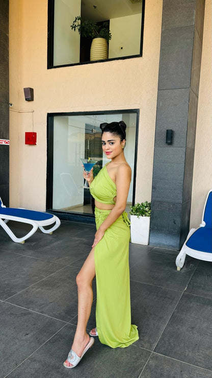 Olive green Rushed Tank Crop Top and Slit Skirt set by Imagine By Shiwali, styled for casual or trendy looks.