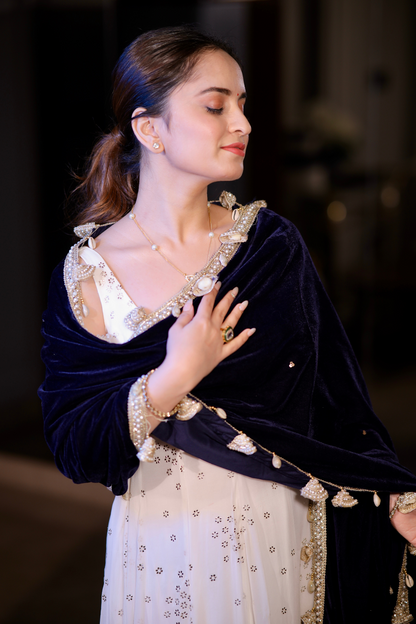 Blue Dolly Velvet Shawl by Imagine By Shiwali displayed draped with intricate velvet texture and elegant design.