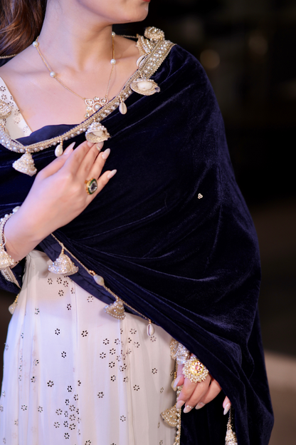 Blue Dolly Velvet Shawl by Imagine By Shiwali, featuring soft velvet fabric and elegant draping for stylish wear.