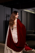 Maroon Dolly Velvet Shawl by Imagine By Shiwali, featuring soft velvet fabric and elegant drape.