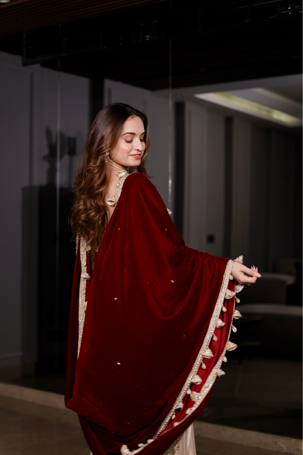Maroon Dolly Velvet Shawl by Imagine By Shiwali, showcasing smooth velvet fabric and elegant drape.