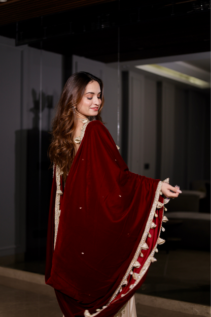Maroon Dolly Velvet Shawl by Imagine By Shiwali, showcasing smooth velvet fabric and elegant drape.