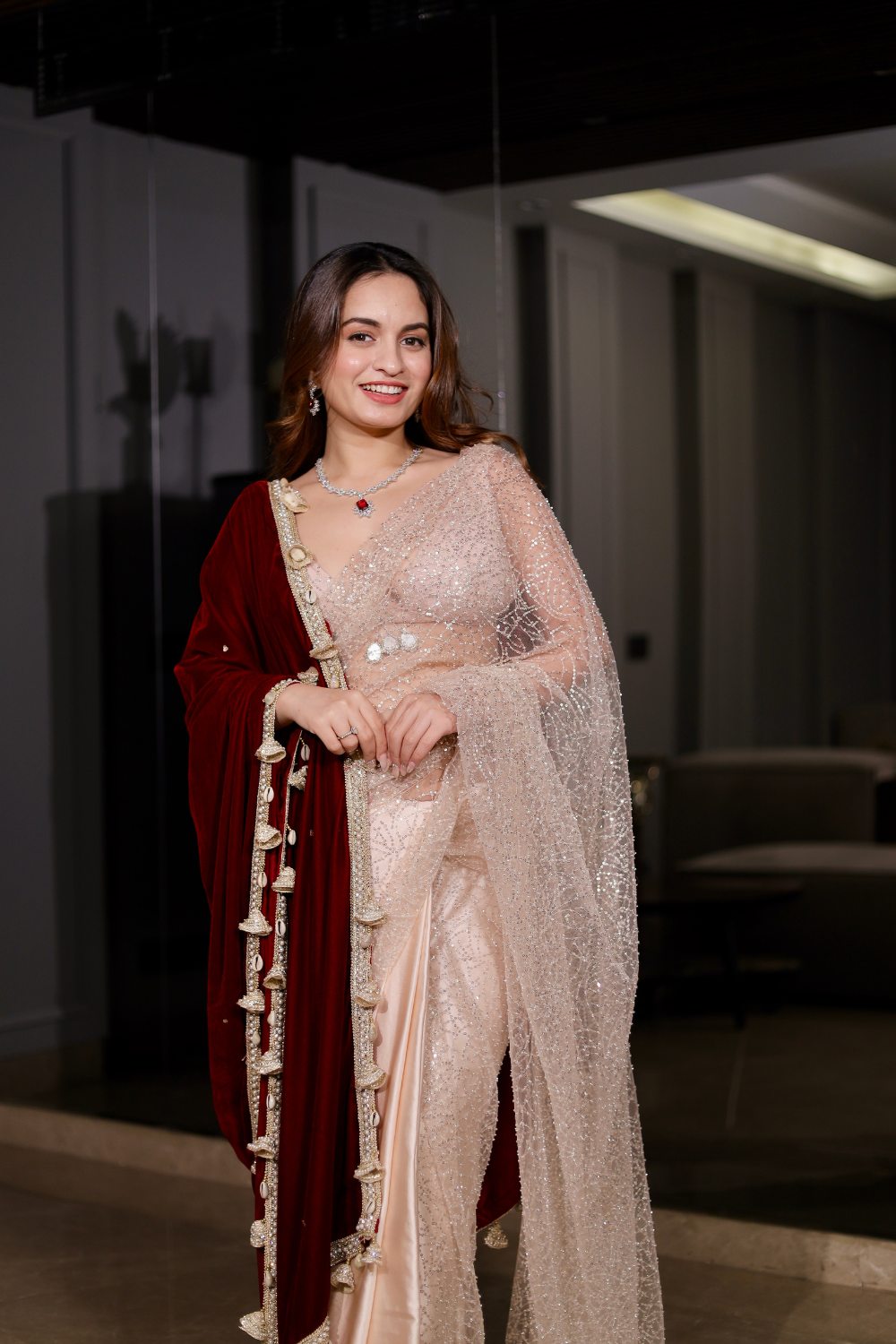 Maroon velvet Dolly Shawl by Imagine By Shiwali, showcasing soft fabric and elegant drape for stylish wear.
