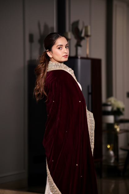 Wine-colored Maastani Velvet Shawl by Imagine By Shiwali, featuring soft velvet fabric and intricate design details.
