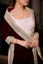 Wine-colored Maastani Velvet Shawl by Imagine By Shiwali, showcasing soft velvet fabric and elegant drape.
