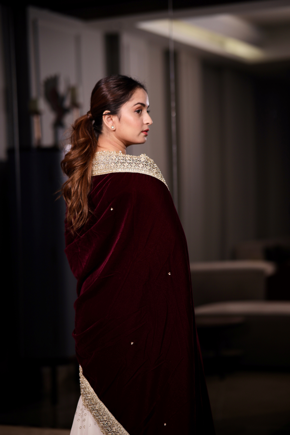 Wine-colored Maastani velvet shawl by Imagine By Shiwali, showcasing soft fabric and elegant drape.