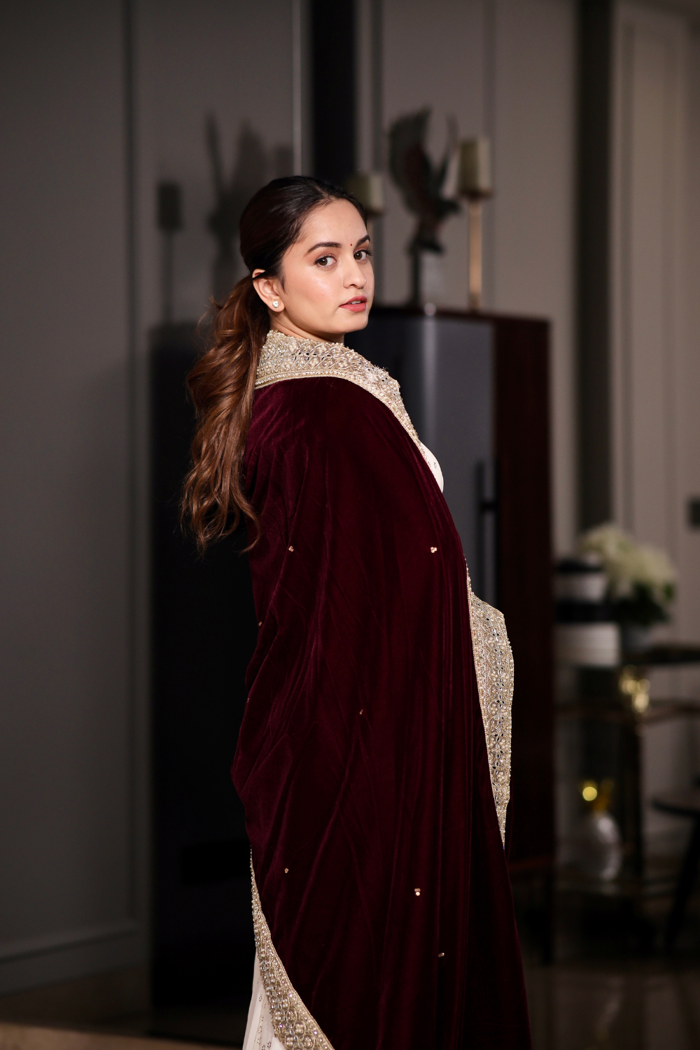 Wine-colored Maastani Velvet Shawl by Imagine By Shiwali, displayed folded with soft velvet texture and elegant drape.